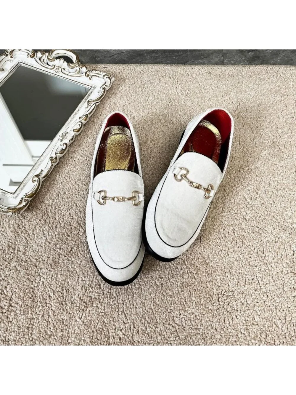 LCQL Men's White Leather Velvet Loafer Gold Buckle Slip On Comfortable Shoes